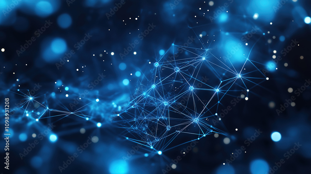 Poster abstract digital network connection on a blue background showcasing data flow and connectivity