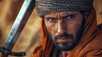 Obraz premium Close-Up Portrait of a Determined Desert Warrior with Sword Traditional Attire and Intense Expression