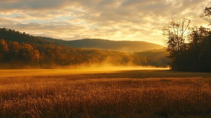 Obraz premium Golden Sunrise Casting Soft Light Over a Misty Field Surrounded by Lush Trees and Rolling Hills in a Serene Natural Setting