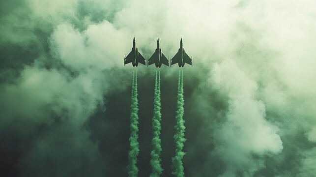 Three fighter jets in formation with green smoke trails, aerial display, symbolizing national pride and patriotism, isolated on a clear sky background.