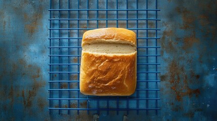Freshly baked gluten-free bread resting on a vibrant blue metal grid surface, showcasing its golden crust and soft interior.