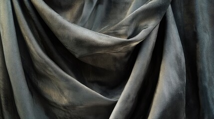 Luxurious silver silk fabric with a glossy sheen, showcasing elegant drapes and soft texture, ideal for high-end fashion and decor applications.