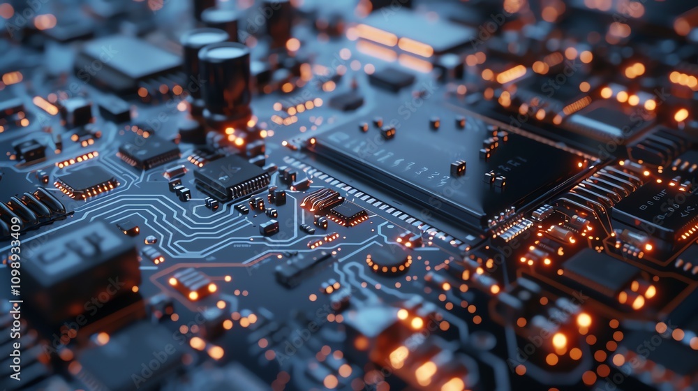 Poster a close-up view of a circuit board with glowing lights and intricate pathways.