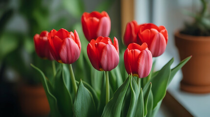 Fresh Red Tulips in Bloom with Green Leaves, Indoor Setting, Bright Window Light and Plants
