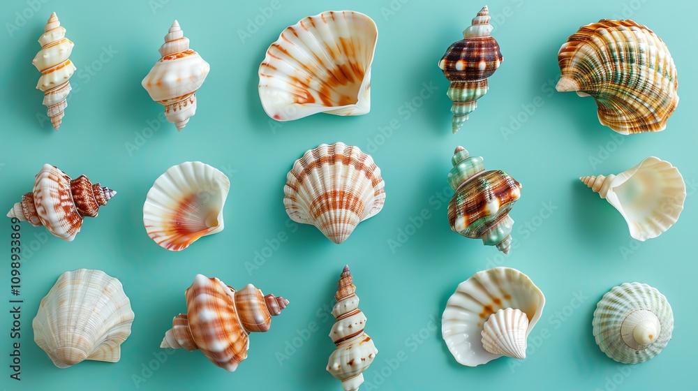 Poster a collection of seashells and a starfish arranged in a symmetrical pattern on a blue background.