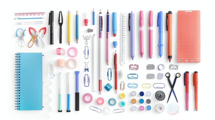 Flat lay of assorted colorful stationery supplies on a white background.