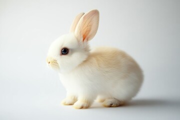 Obraz premium the beside view baby Rex rabbit standing, left side view, low angle, white copy space on right, Isolated on White Background