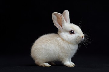 Fototapeta premium the beside view baby Flemish Gian rabbit standing, left side view, low angle, white copy space on right, Isolated on black Background
