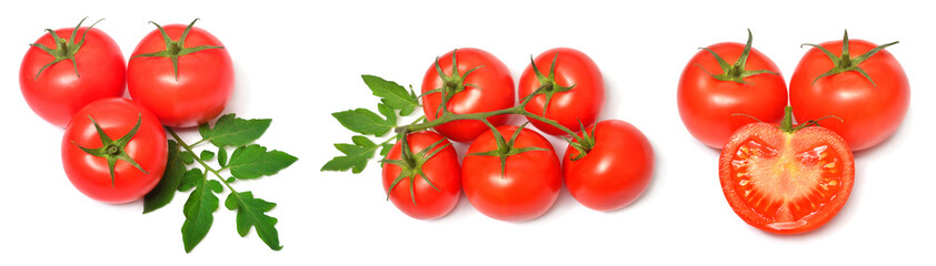 Set of fresh juicy tomatoes whole and half isolated on white background