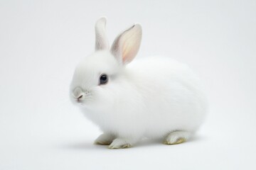 Obraz premium the beside view baby Flemish Gian rabbit standing, left side view, low angle, white copy space on right, Isolated on White Background