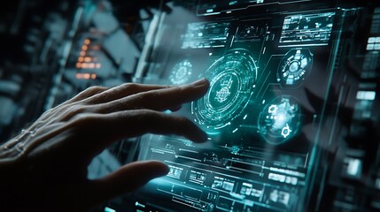 Futuristic hand interacts with advanced industrial interface, symbolizing technology innovation, smart factories, and Industry 4.0.