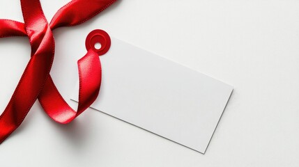 Blank identification badge with a vibrant red ribbon lying on a clean white background, ideal for customization or event use.