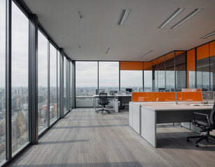 Obraz premium A modern office space featuring glass walls, bright orange chairs, and a panoramic city view, offering a sleek and professional environment for meetings and collaboration.