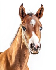 Fototapeta premium Mystic portrait of Thoroughbred foal, copy space on right side, Headshot, Close-up View, isolated on white background