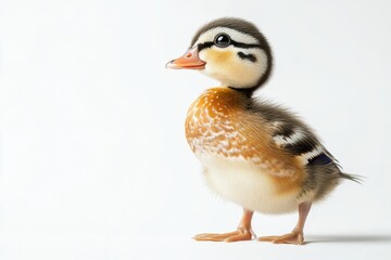 Obraz premium the beside view Mandarin Duckling standing, left side view, low angle, white copy space on right, Isolated on White Background