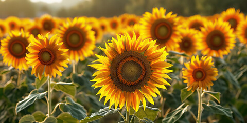 Fototapeta premium Yellow and Orange Sunflower Field: A field of tall, sun-kissed sunflowers stretching as far as the eye can see, bathed in warm yellow and orange hues.