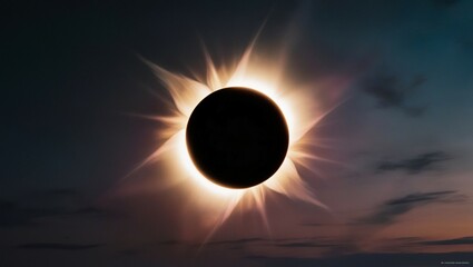 Naklejka premium Stunning Solar Eclipse View: Moon Completely Covers the Sun with a Radiant Halo Against a Dark Sky