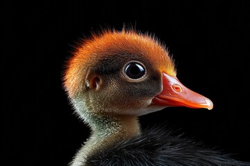 Fototapeta premium Mystic portrait of Muscovy Duckling in studio, copy space on right side, Headshot, Close-up View, isolated on black background