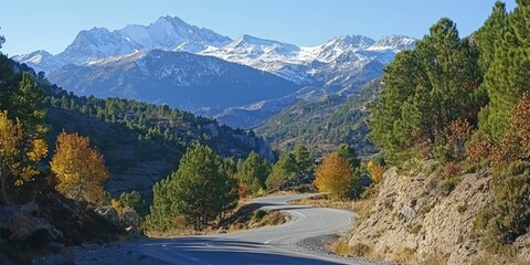 Obraz premium A winding mountain road with pine trees and snow-capped peaks in the background.