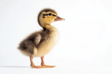 Obraz premium the beside view Rouen Duckling standing, left side view, low angle, white copy space on right, Isolated on White Background