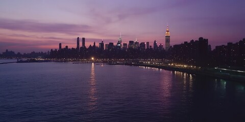 Obraz premium An aerial shot of the Manhattan skyline at dusk, showcasing the city lights reflecting off the water.