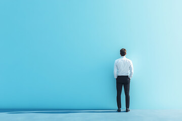 Obraz premium Contemplative Businessman: A Vision of the Future. A thoughtful man stands before a blue wall, contemplating opportunities and challenges. A powerful image of ambition, planning, and success.
