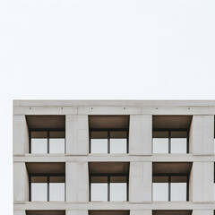 Modern concrete building with large rectangular windows under a white sky
