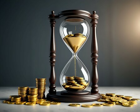 Hourglass and coins money bag on scales . Investing money can save you time. Fulfilling life and financial security. Hourly wages. Find balance to get the most out of each