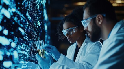 team collaboration teamwork synchronization Concept. Scientists analyze data in a high-tech lab, using test tubes and digital displays to conduct research and experiments.