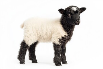 Fototapeta premium the beside view baby Suffolk Sheep standing, left side view, low angle, white copy space on right, Isolated on White Background