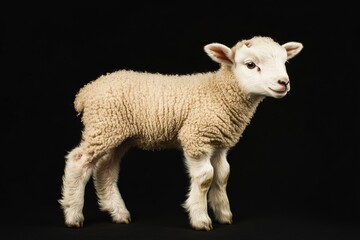 Fototapeta premium the beside view baby Suffolk Sheep standing, left side view, low angle, white copy space on right, Isolated on black Background