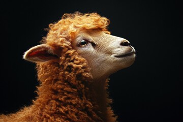 Fototapeta premium Mystic portrait of baby Merino Sheep in studio, copy space on right side, Headshot, Close-up View, isolated on black background