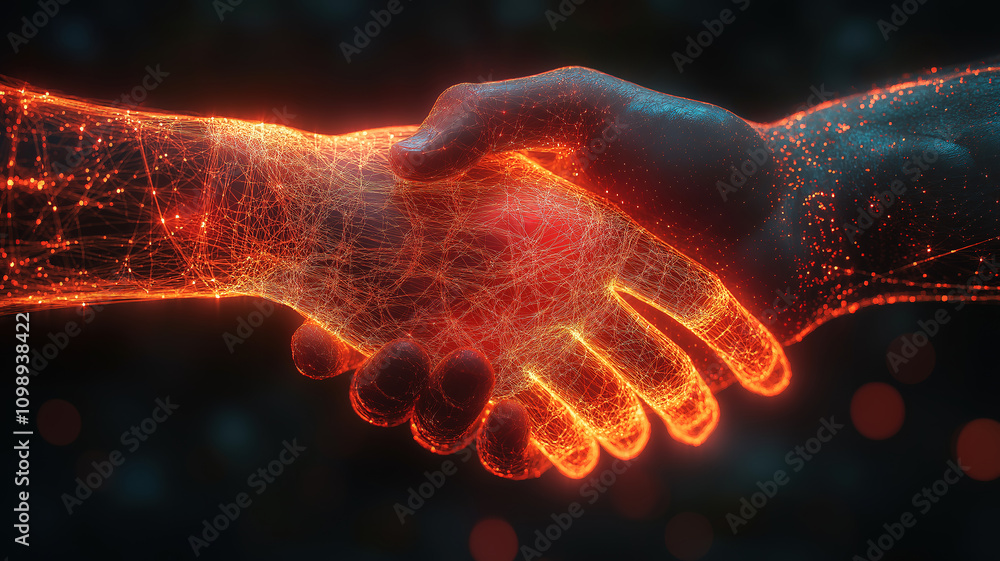 Poster wire-frame glowing hands in a handshake representing business trust and technological
