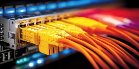 A close-up view of network cables connected to a server, showcasing vibrant colors and intricate technology in a data center.