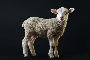 Fototapeta premium the beside view baby Merino Sheep standing, left side view, low angle, white copy space on right, Isolated on black Background