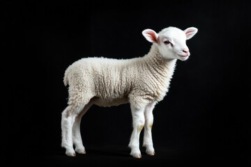 Fototapeta premium the beside view baby Merino Sheep standing, left side view, low angle, white copy space on right, Isolated on black Background