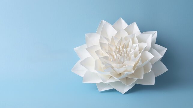 A delicate white lotus flower rests on a soft blue background, showcasing its intricate petals and serene beauty.