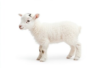 Obraz premium the beside view baby Alpine goat standing, left side view, low angle, white copy space on right, Isolated on White Background