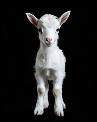 Fototapeta premium the baby Alpine goat front view, white copy space on right, Isolated on black Background