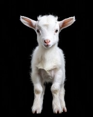 Obraz premium the baby Alpine goat front view, white copy space on right, Isolated on black Background