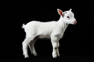 the beside view baby Saanen goat standing, left side view, low angle, white copy space on right, Isolated on black Background
