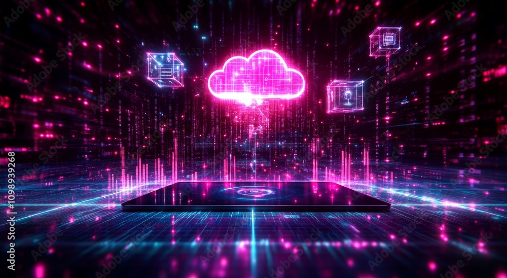 Aufkleber futuristic technology workspace illustration with cloud data testing tools and automation infrastruc
