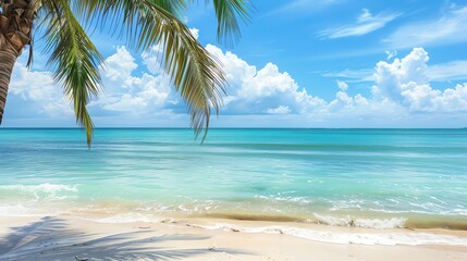 Fototapeta premium A tropical beach scene with palm trees, ocean, and a blue sky.
