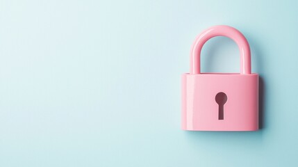Fototapeta premium A pink padlock on a light blue background, symbolizing security and protection.