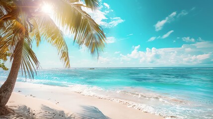 Fototapeta premium A palm tree hangs over a white sandy beach with turquoise water and a blue sky.