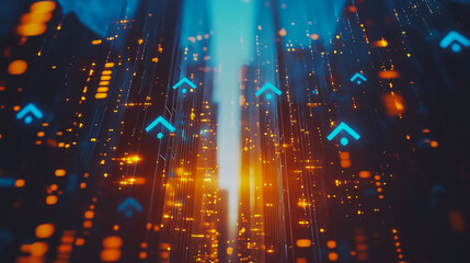 Obraz premium Smart digital Innovation city with connection network reciprocity over the sunset cityscape. of future wireless digital city and social media networking systems that connects people with in city