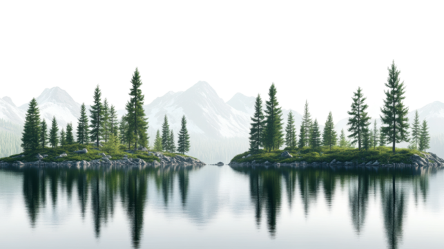 Tranquil alpine lake surrounded by majestic pine trees