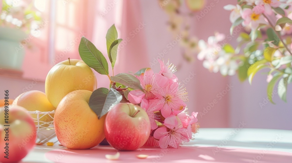 Poster fresh apples and blossoms in a soft springtime setting