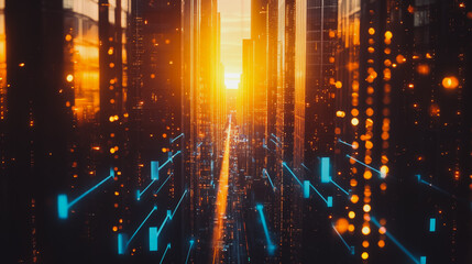 Fototapeta premium Smart digital Innovation city with connection network reciprocity over the sunset cityscape. of future wireless digital city and social media networking systems that connects people with in city