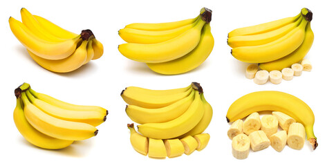 Collection banana bunch and slices isolated on a white background. Flat lay, top view. Yellow fruit
